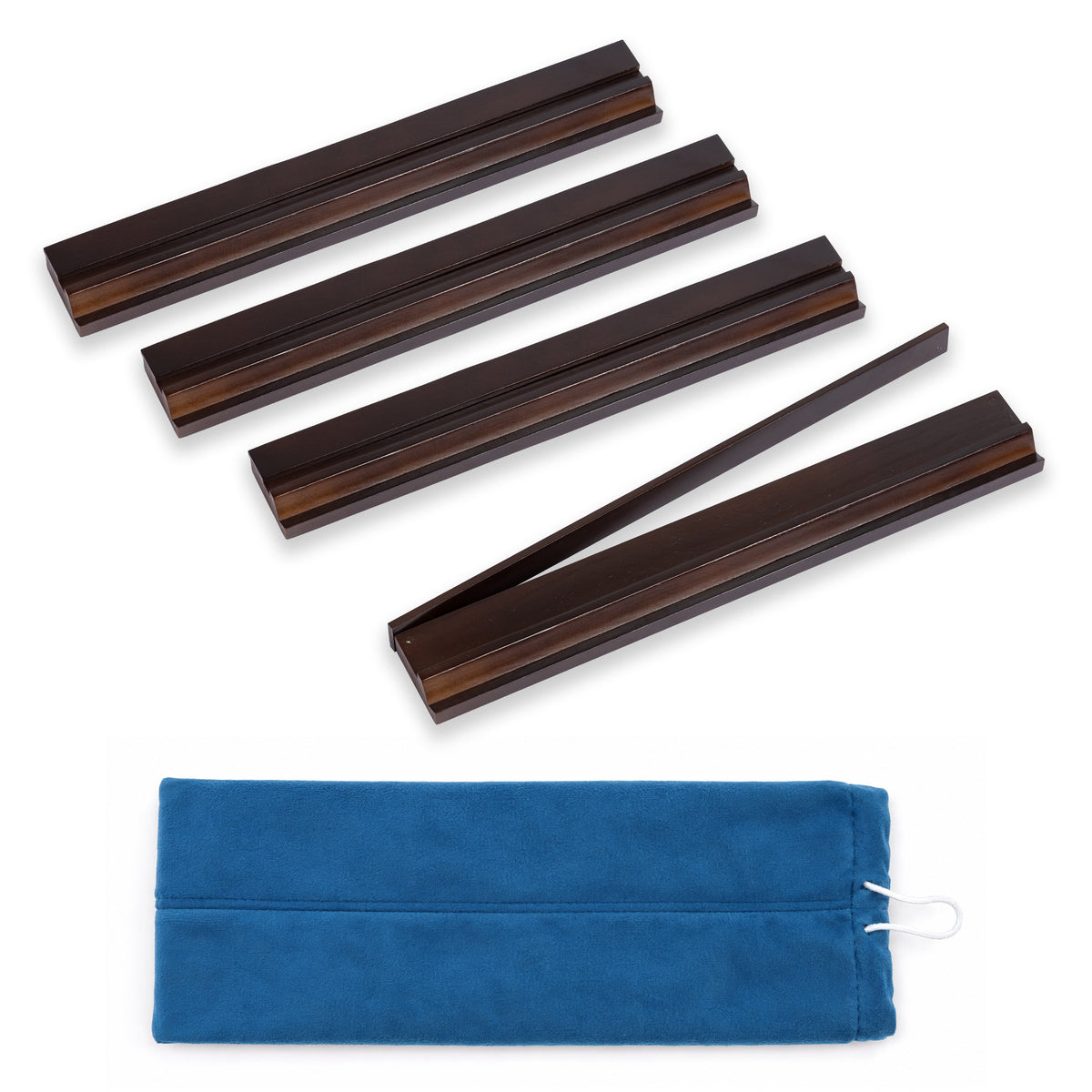 (18in.) Dark Brown Wooden Mahjong Racks with Pushers & Travel Bag - Set of 4