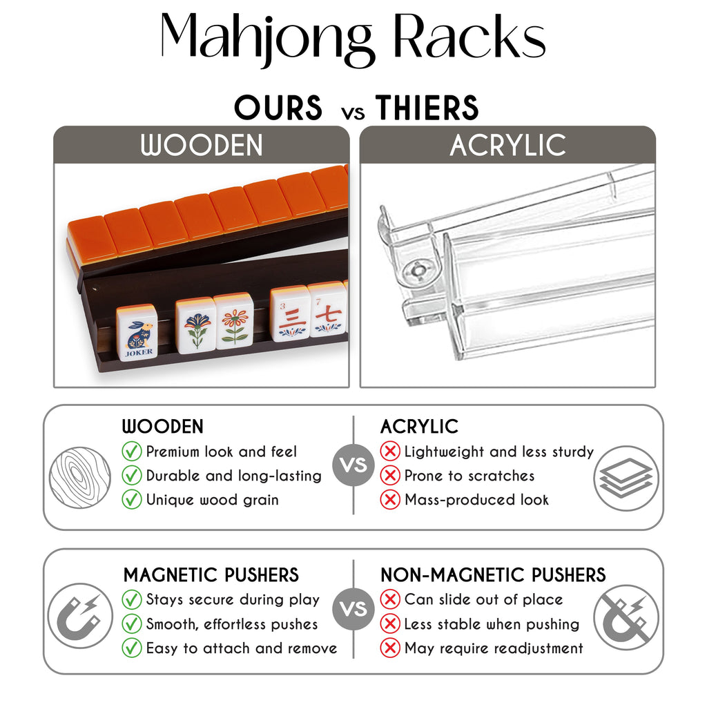 (20in.) Dark Brown Wooden Mahjong Racks with Pushers & Travel Bag - Set of 4