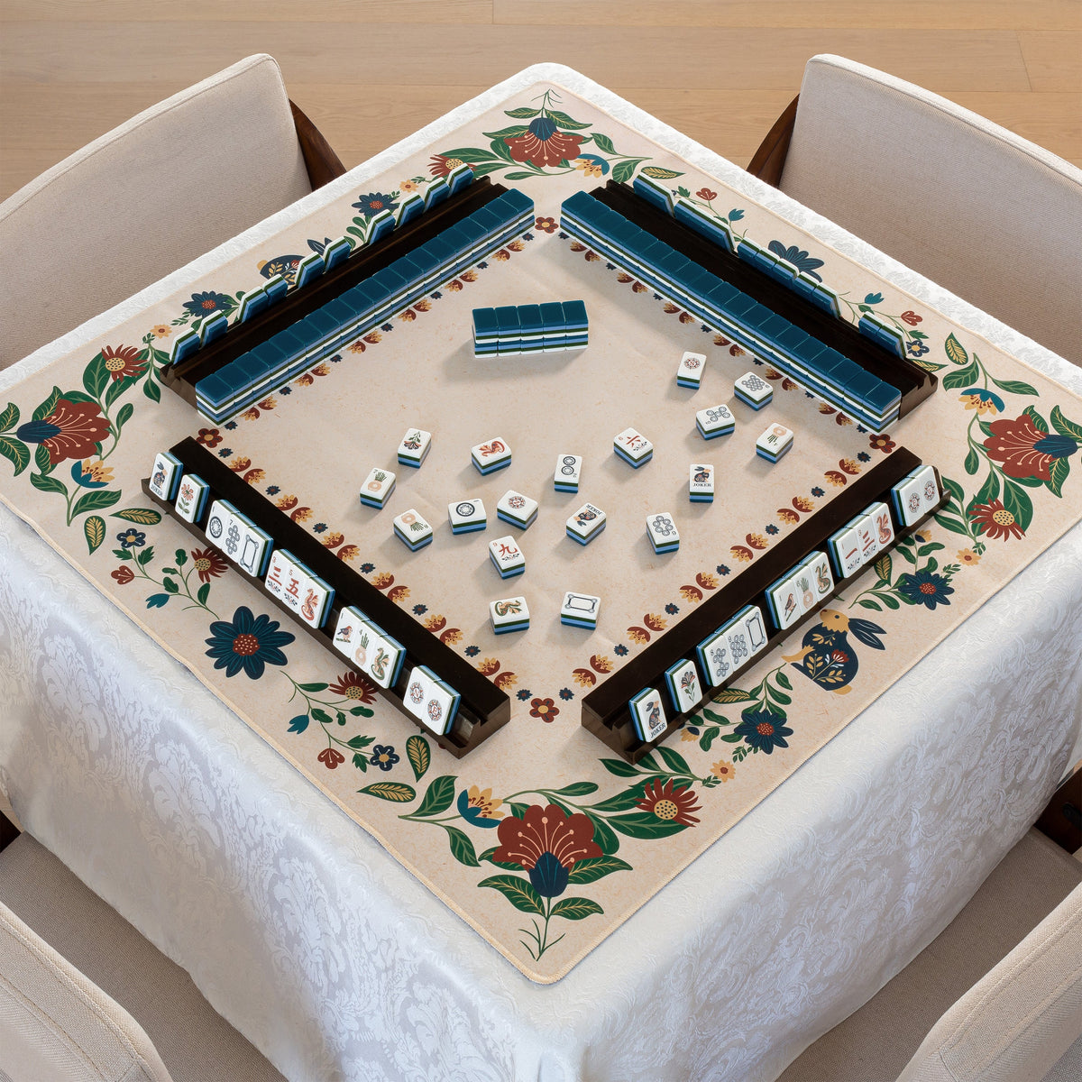 Blue Folk Collection Mahjong Mat for Table - Shipped Rolled