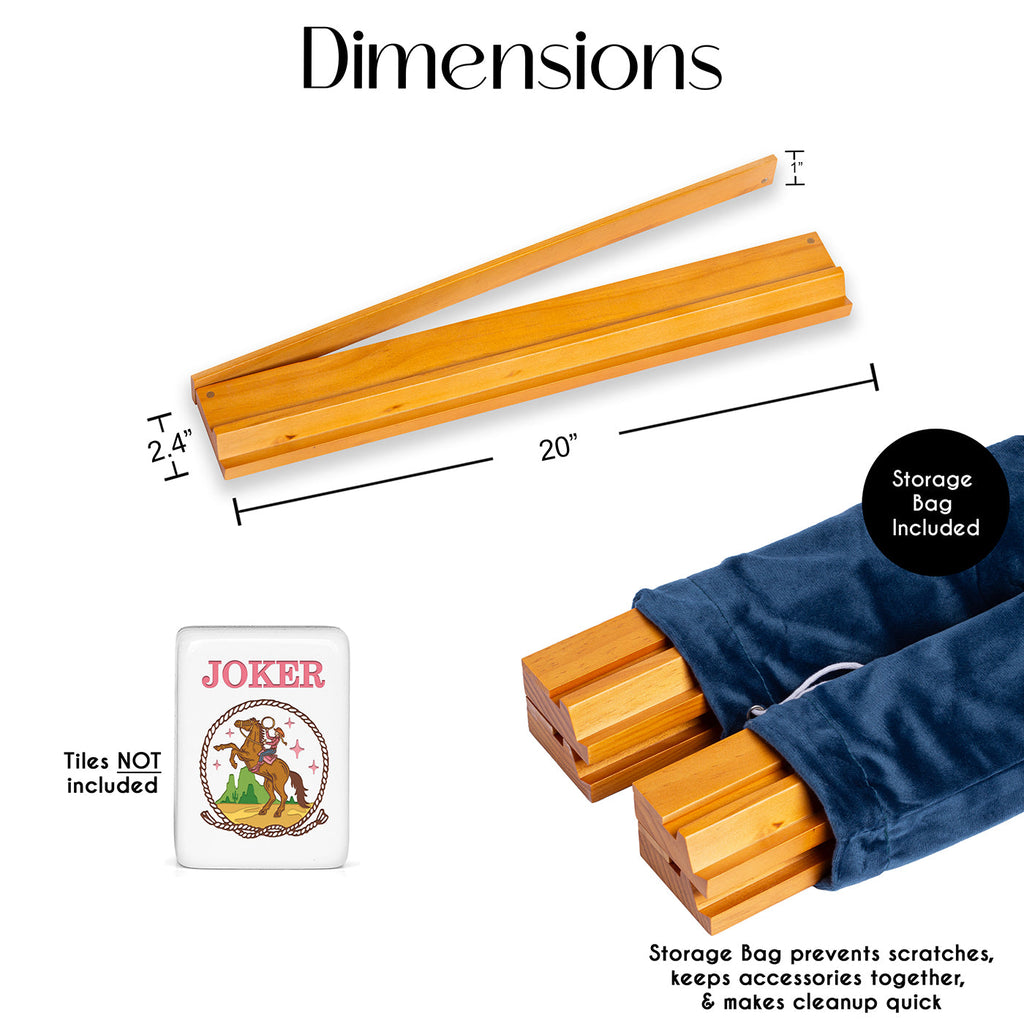 (20in.) Light Brown Wooden Mahjong Racks with Pushers & Travel Bag - Set of 4