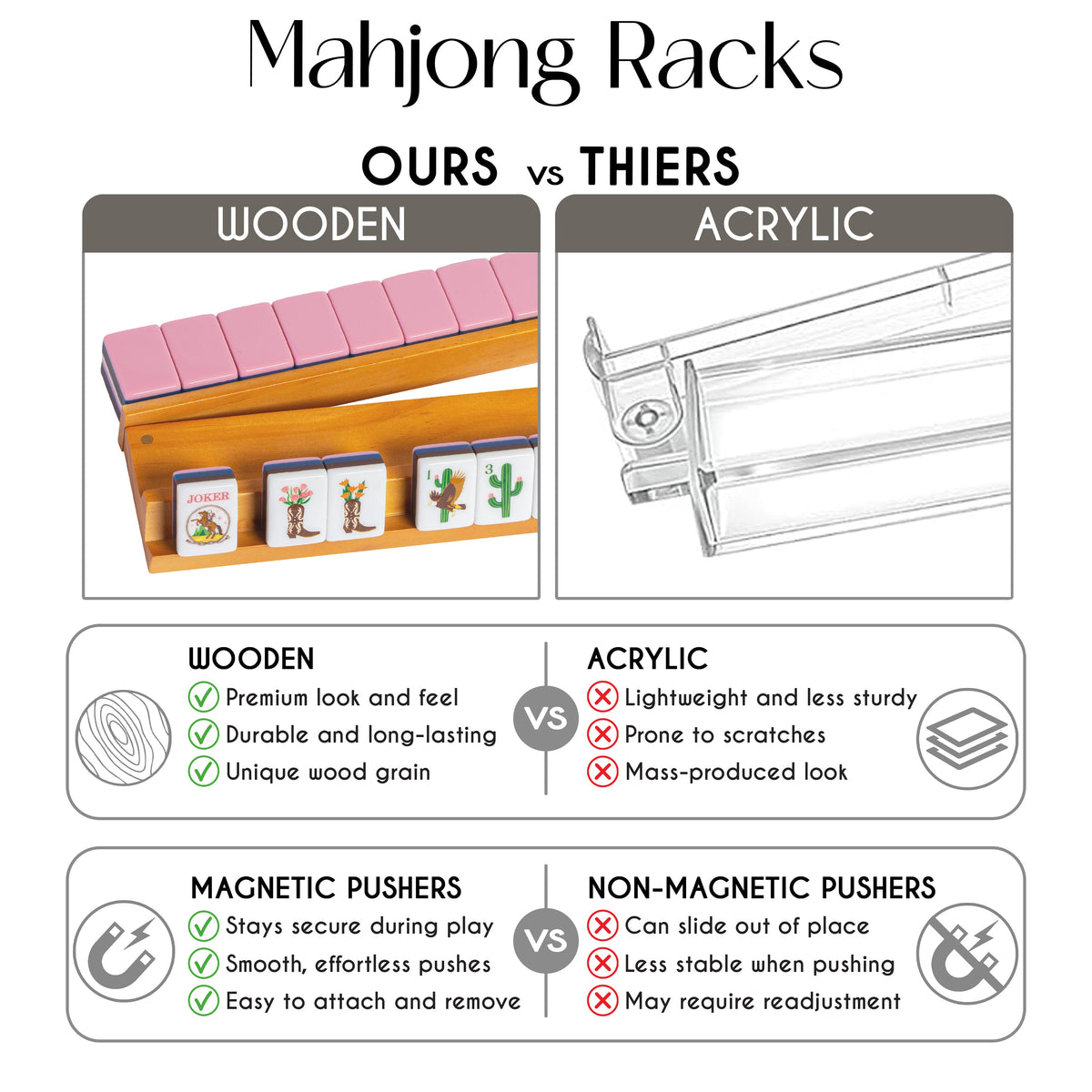 (20in.) Light Brown Wooden Mahjong Racks with Pushers & Travel Bag - Set of 4