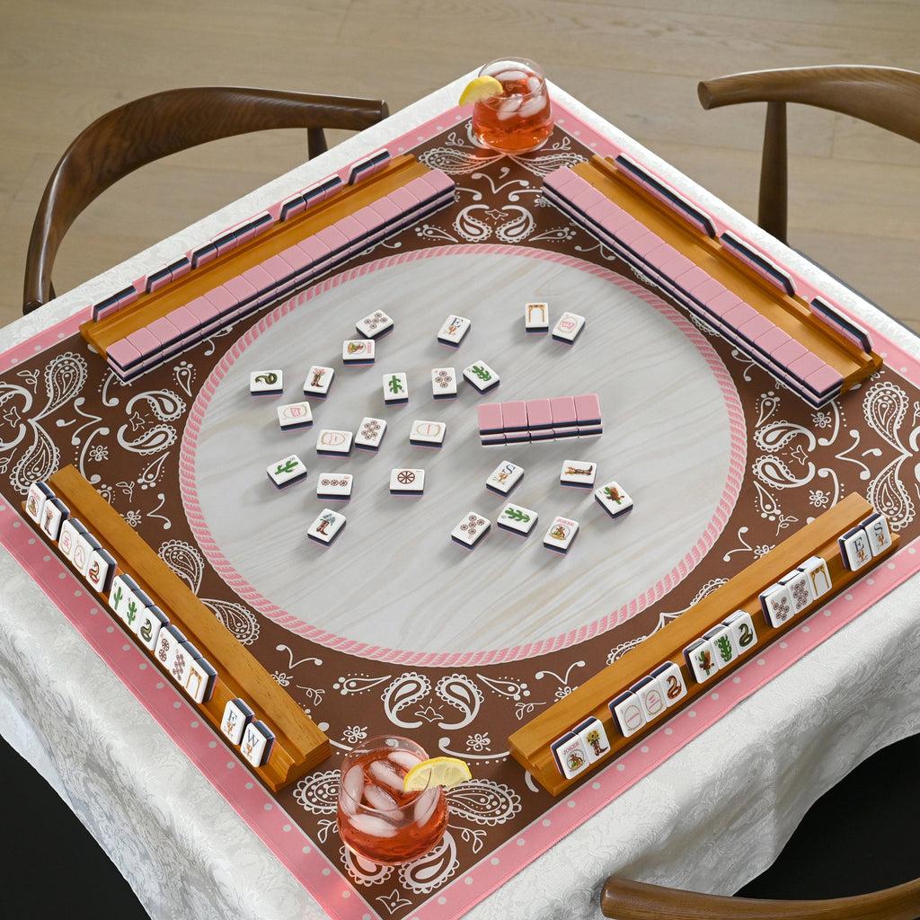 (20in.) Light Brown Wooden Mahjong Racks with Pushers & Travel Bag - Set of 4